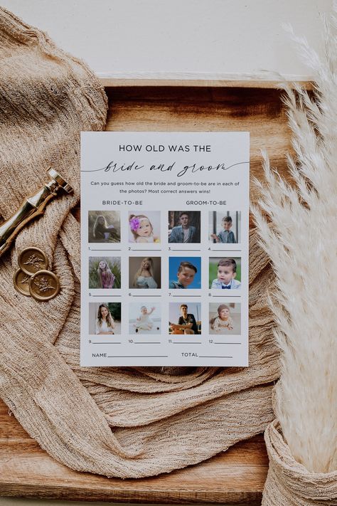 Looking for a fun and unique game to play at your bridal shower? Look no further than "How Old Were They Bride and Groom"! This printable and editable shower game is perfect for any couples shower or minimalist bridal shower. With this game, guests get to guess the age of the bride and groom in various photos, making it a great conversation starter and ice breaker. Instantly download this game and enjoy hours of entertainment with your friends and family. Don't miss out on the opportunity to add Baby Guessing Game, Pearl Bridal Shower, Couple Shower Games, Bridal Shower Guest Book, Minimalist Showers, Couples Bridal Shower, Photo Games, Wedding Shower Games, Minimalist Photos