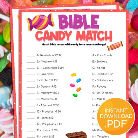 Looking for a fun and engaging activity for your next church gathering, Sunday school, or family night? The Bible Candy Match Game is the perfect solution! This printable Bible game is designed for both kids and adults, making it a versatile choice for any Christian event. Match Bible verses with their corresponding candies in this easy-to-play, entertaining Bible matching game. Whether you're hosting a party, teaching a Bible class, or simply want to enjoy some faith-based fun at home, this gam Christian Games For Adults, Church Games For Kids, Bible Verse Games, Christian Activities For Kids, Christian Party Games, Church Youth Activities, Bible Games For Kids, Kids Church Activities, Diy Party Games