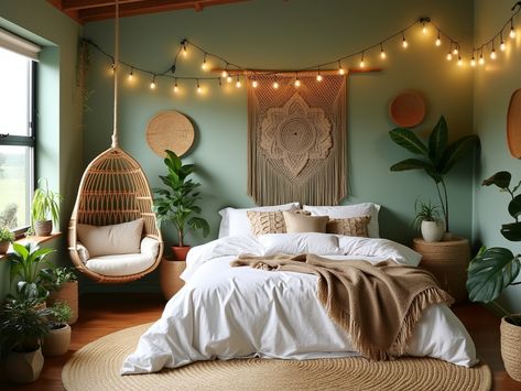 Transform your space into a tranquil haven with this bohemian bedroom design! 🌿 Featuring layers of soft white linens, cozy macramé pillows, and a chic rattan hanging chair, this serene retreat invites relaxation. The soft sage green walls, large woven wall hanging, and vibrant potted plants create a harmonious balance with nature. Complete with a patterned jute rug and warm string lights, this dreamy escape is all about comfort and style. ✨ #BohemianStyle #HomeDecor Sage Bohemian Bedroom, Zen Bedroom Ideas Serenity, Buddhist Bedroom, Rattan Hanging Chair, Halloween Rave Outfits, Sage Bedroom, Zen Bedroom Ideas, Large Woven Wall Hanging, Luxurious Penthouse