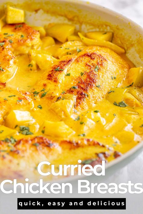 This Curried Chicken Breast recipe is easy to make and packed with flavor. Perfect for the whole family, this dish is a great way to add some flavor to your typical chicken dinner! This is a monthly staple in my household, and I am sure it'll become one in yours, too! To make this dish, you'll need boneless, skinless chicken breasts, curry powder, onion, apple, chicken broth, and cream. The chicken is seared and simmered in a flavorful curry sauce until tender and juicy. Curry Cream Sauce Recipe, Chicken Breast Curry, Sprouts Recipes, Curried Chicken, Apple Chicken, Chicken Breast Recipe, Safe House, Chicken Breast Recipes Easy, Cilantro Lime Chicken