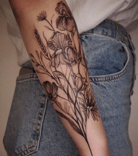 10+ Best Poppy Tattoo Designs You'll Love Poppy Half Sleeve Tattoo, Greenery Half Sleeve Tattoo, Unique Forearm Sleeve Tattoos, Wedding Bouquet Tattoo Sleeve, Nature Tattoo Filler Ideas, Feminine Forest Tattoo, Meadow Tattoo Sleeve, Forearm Flower Tattoo Sleeve, Poppy Sleeve Tattoo