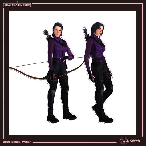 aralenorimaki01 on Tumblr: Kate Bishop After a lengthy wait, I finally released a CC for Hailee Steinfeld's fan-favorite archer, Kate Bishop, from Marvel... Sims 4 Cc Superhero Costume, Marvel Cc Sims 4, Sims 4 Cc Marvel, Sims 4 Spiderman Cc, Sims 4 Superhero Cc, Young Avengers, Kate Bishop, Hero Costumes, Hailee Steinfeld