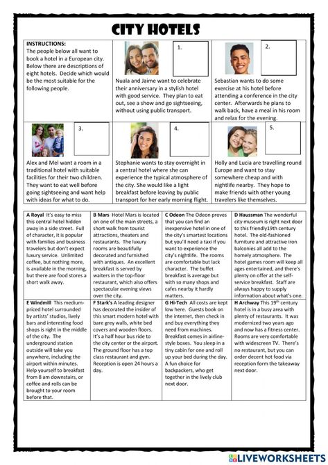 Travelling online worksheet for B1. You can do the exercises online or download the worksheet as pdf. Hotel Exercises, The Worksheet, Student Travel, English As A Second Language (esl), Travel Cards, English As A Second Language, City Hotel, School Subjects, Online Workouts