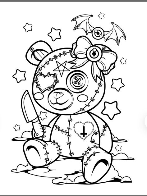 Pastel Goth Coloring Pages, Creepy Teddy Bear, Teddy Tattoo, Goth Coloring Pages, Lukisan Fesyen, Free Adult Coloring Printables, Witch Coloring Pages, Skull Coloring Pages, Adult Coloring Books Printables