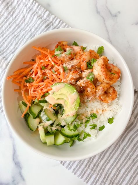 Spicy Shrimp Bowl - TeacherTastes Spicy Shrimp Bowl, Shrimp Bowls, Shrimp Bowl, Sweet Potato Burgers, Spicy Mayo, Work Meals, Spicy Shrimp, Shrimp Recipe, Dinner Meals