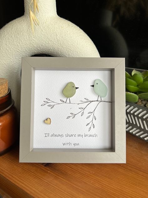 Best Friends/couple Birds Personalised Sea Glass Art. I Will Always Share My Branch With You Present - Etsy Seaglass Ideas, Couple Birds, Sea Glass Artwork, Sea Glass Art Diy, Friends Couple, Stone Pictures Pebble Art, Sea Glass Art Projects, Beach Glass Crafts, Shell Crafts Diy