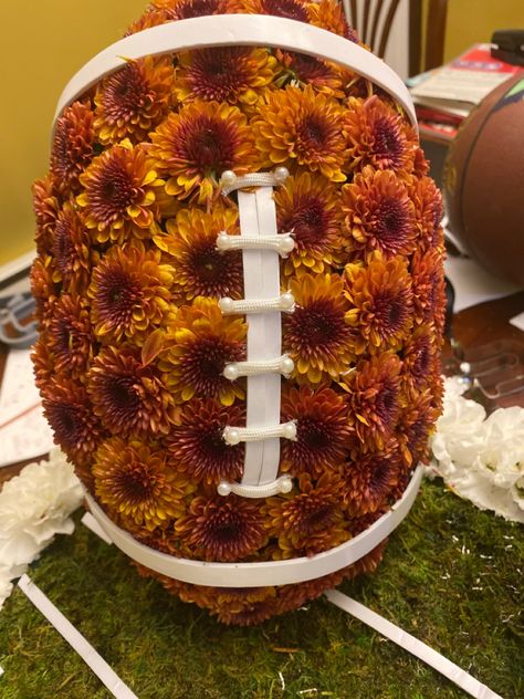 Football Flower Bouquet, Sympathy Arrangements, Saints Football, Football Team, Floral Art, Flowers Bouquet, Floral Arrangements, Homecoming, Pom Pom