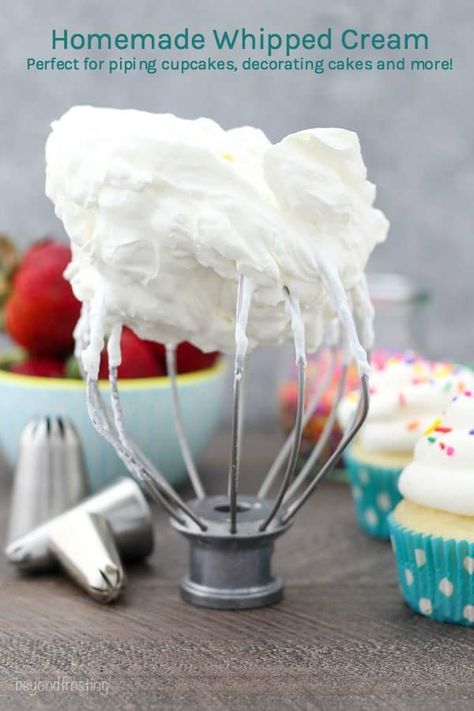 How Whipped Icing Recipes, Whipped Topping Recipe, Sturdy Whipped Cream Frosting, Best Frosting Recipe, Stabilized Whipped Cream Frosting, Whipped Cream Frosting Recipe, Make Whipped Cream, Perfect Whipped Cream, Homemade Whipped Cream Recipe