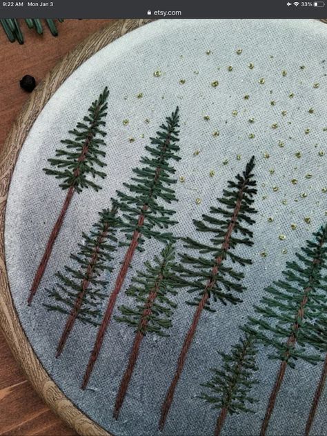 Embroidery Patterns Trees, Easy Tree Embroidery, How To Embroider Mountains, Redwood Tree Embroidery, Embroider Pine Tree, Pine Tree Embroidery Pattern, Evergreen Tree Embroidery, Pine Trees Embroidery, How To Embroider Pine Trees