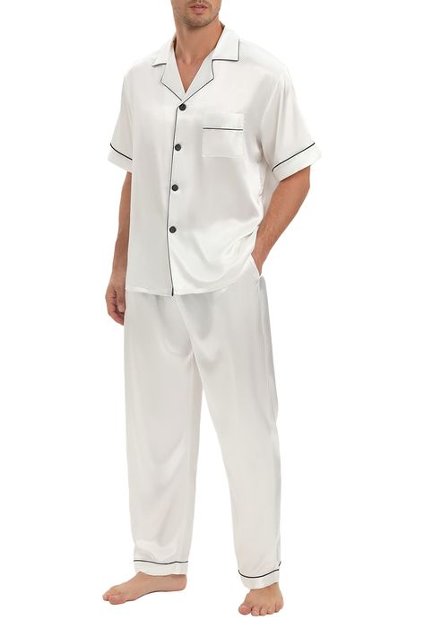 PRICES MAY VARY. PREMIUM SILK STAIN: The men's PJ set is made of upgraded breathable and versatile fabric, which is more soft and lightweight than most men's pajama sets on the market. Enjoy the silk-like feel&ultimate comfort in the lounge&sleeping time with the classic satin pajama set for men SHORT SLEEVE BUTTON DOWN TOPS: with a notched collar and chest pocket, elegant classic,Mens Short sleeve button-down pajamas Top, Contrast piping design adds a unique, fashionable, and high grade ELASTIC WAIST LONG PANT: Unlike most men's loungewear, the new PJ shorts feature 2 side pockets so you can always keep your phone, headphones, or any other accessory by your side.The men's Loungewear set's pants have an elastic waist suitable for anybody shape, that can give you leisure and comfy home expe Two Piece Loungewear, Satin Pajama Set, Satin Pajama, Comfortable Pajamas, Mens Pajamas Set, Silk Pajama Set, Mens Loungewear, Satin Pyjama Set, Satin Pajamas