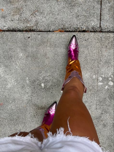 Cowboy boots, pink and orange boots, shoes, How To Wear Metallic Boots, Mettalic Cowboy Boots, Rainbow Cowboy Boots, Colorful Cowgirl Outfit, Fun Cowboy Boots, Metallic Cowboy Boots Outfit, Pink Cowgirl Boots Outfit, Pink Cowboy Boots Outfit, Cool Cowboy Boots