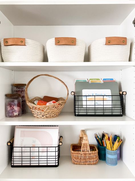 How we organize our homeschool cabinet. The perfect bins to hold our curriculum and activity folders. Homeschool Cabinet, Storage Cabinet Organization, Homeschool Storage, Cabinet Storage, Cabinet Organization, Storage Cabinets, Storage Cabinet, Natural Wood, Wood