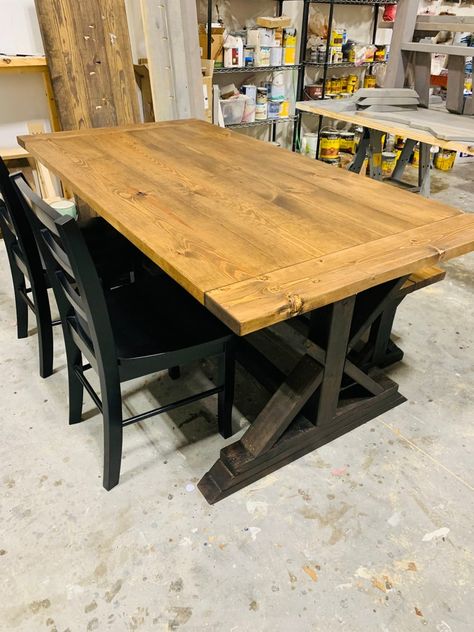 Rustic 6ft Long Pedestal Farmhouse Table Bench and Chairs | Etsy Farmhouse Table With Black Chairs, Table With Black Chairs, Farm Style Dining Table, Farmhouse Table Bench, Farmhouse Table Setting, Farmhouse Table With Bench, Kitchen Table Bench, Modern Farmhouse Dining Room, Black Chairs