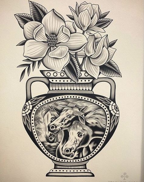 Tiger Vase Tattoo, Traditional Tattoo Drawings, Harry Tattoos, Sacred Heart Tattoos, Traditional Flash, Sun Prints, Persian Art Painting, Old School Tattoo Designs, Traditional Tattoo Art