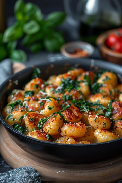 Pan of golden brown gnocchi with spinach and parmesan. Tofu And Gnocchi, Gnocchi Main Dish Recipes, Gnocchi And Beans Recipes, Gnocchi With Veggies, Fancy Gnocchi Recipes, Recipes Made With Gnocchi, How To Make Gnocchi Recipes, Traditional Gnocchi Recipes, Vegan Gnocchi Recipes Dinners