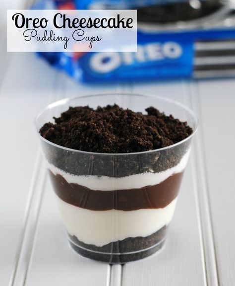 Oreo Cheesecake Pudding Cups on MyRecipeMagic.com Oreo Cheesecake Pudding, Cheesecake Pudding Cups, Oreo Cups, Oreo Pudding Dessert, Pudding Cup Desserts, Puding Oreo, Puding Mangga, Chocolate Pudding Cookies, Pudding Cup