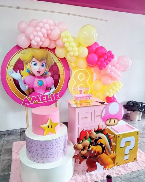 Peaches Party Theme Mario, Peaches Party Theme, Princess Peach Party Decorations, Princess Peach Birthday Party, Peach Mario Bros, Peach Party Decorations, Princess Peach Party, Peach Birthday, Super Mario Bros Birthday Party