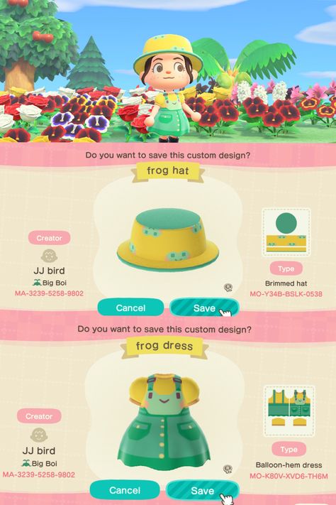 Animal Crossing Frog Island, Animal Crossing Frog Clothes, Animal Crossing Frog Design, Acnh Frog Island, Acnh Frog Designs, Acnh Design Id Codes Clothes, Animal Crossing Hat Designs, Acnh Hat Design Codes, Acnh Hat Design