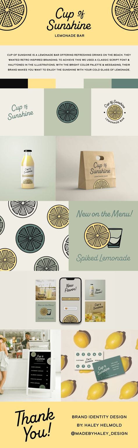 Brand Identity Design for Cup of Sunshine- Lemonade Bar Branding Iced Tea Brands, Drinks On The Beach, Cup Of Sunshine, Lemonade Bar, Bar Branding, Bright Color Palette, Identity Design Inspiration, Logo Design Inspiration Branding, Cocktails Bar