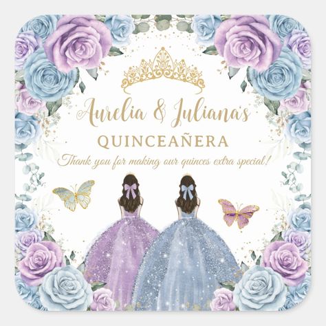 These coordinating square sticker labels feature two quince girls in a baby blue gown and in a purple gown, pretty pastel baby blue and purple lilac flowers and blue and purple butterflies. Personalize them easily and quickly, simply press the customise it button to further re-arrange and format the style and placement of the text.  Perfect to stick on thank you favors!  (c) The Happy Cat Studio Blue And Purple Quinceanera Theme, Purple Quinceanera Ideas, Baby Blue Gown, Purple Quinceanera Theme, Quinceañera Ideas, Purple Gown, Blue Quince, Purple Theme, Quinceanera Decorations