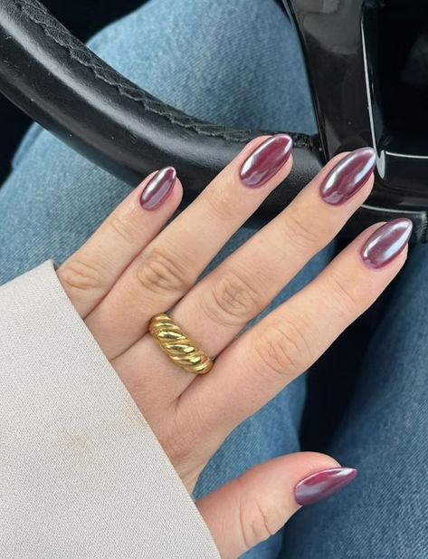 Plum Nails With Chrome, Dark Purple Nails Chrome, Dark Silver Chrome Nails, Chrome Plum Nails, Dark Chrome Nails Designs, Purple With Chrome Nails, Deep Purple Chrome Nails, Dark Pink Acrylics, Chrome Maroon Nails