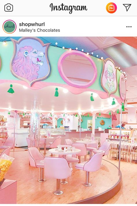 Cleveland, OH - Malley’s Chocolates has a rotating carousel inside, plus look at all this pink 🍬🍦🎀 Aesthetic Cafes, Pink Restaurant, Interior Design Restaurant, Pink Cafe, Bakery Decor, Aesthetic Collection, Kitty Cafe, Hotel Plan, Coffee Shop Aesthetic