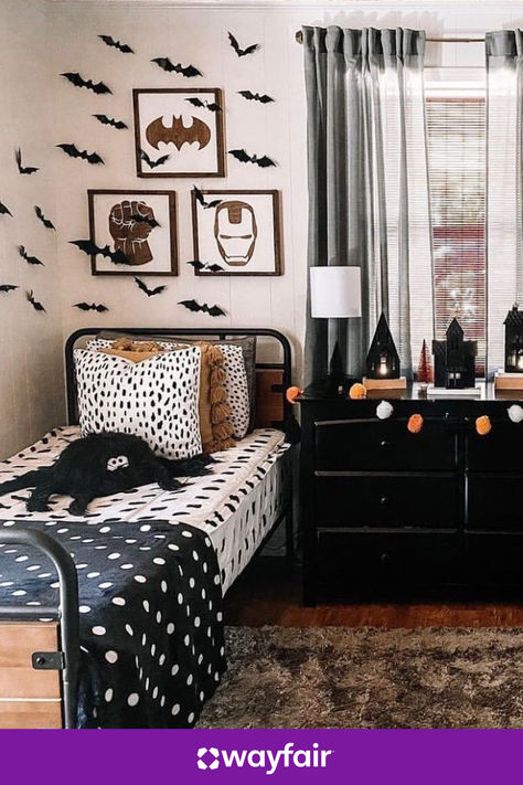 Your little one will love this Halloween-themed bedroom. Bring in bat-shaped wall decals, a plushy spider pillow, and a black-and-white bedspread for the perfect blend of spooky and stylish. Oily Skin Care Routine Tips, Kids Halloween Decorations, Halloween Themed Bedroom, Spider Pillow, Skin Care Routine Tips, Childrens Bedroom Wallpaper, White Bedspread, Halloween Bedroom Decor, White Bedspreads