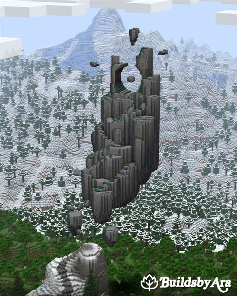 Minecraft build of some ancient portal ruins levitating over a snowy taiga biome. The build has several long winding staircases that climb up the side of the rocky surface. Minecraft Ancient Ruins Build, Minecraft Spooky Castle, Minecraft Ruined Portal, Minecraft Monolith, Minecraft Swamp Build, Minecraft Ruins, Nether Hub, Ruined Village, Ancient Portal