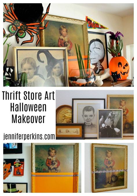 Easy DIY Thrift Store Art Halloween Makeover Jennifer Perkins #halloweenmakeover #diyhalloween #thriftstore Halloween Frames Diy, Thrift Store Halloween, Thrift Store Art, Thrift Store Diy, Fairy Halloween Costumes, Halloween Frames, Halloween Supplies, Halloween Everyday, Halloween Painting