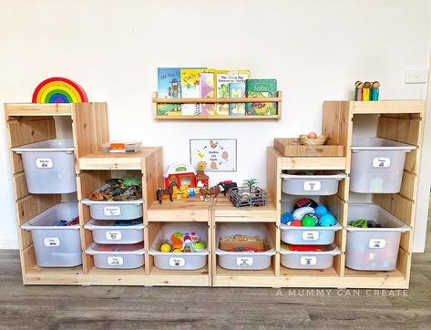 🚗 TOY ROOM STORAGE🧩 IKEA: Trofast storage unit Ikea Trofast On Wheels, Trofast Stacked, Ikea Trofast Classroom, Basement Playground, Trofast Playroom, Toy Room Storage, Trofast Storage, Ikea Trofast Storage, Trofast Ikea