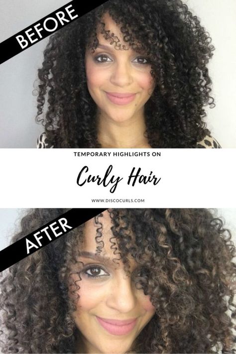 Temporary Highlights With Hair Flash Color - DiscoCurls #temporaryhighlights #temporaryhaircolor #hairflashcolor Temporary Highlights, Wash Out Hair Color, Oil For Curly Hair, Natural Looking Highlights, Curly Hair Accessories, Fine Curly Hair, Temporary Hair Dye, Highlights Curly Hair, Hair Chalk