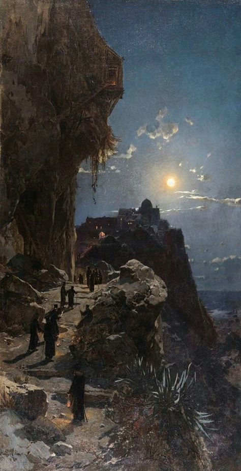 Hermann Corrodi, Night on Mount Athos, 1880 Mount Athos, Arte Peculiar, Moonlit Night, Illustration Noel, Lukisan Cat Air, Aesthetic Painting, Classical Art, Ethereal Art, 판타지 아트