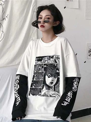 Horror Japanese, Gothic Tops, Anime Fashion, Harajuku Streetwear, Womens Long Sleeve Shirts, Girls Long Sleeve, Grunge Outfits, Print Shirt, Knitwear Women