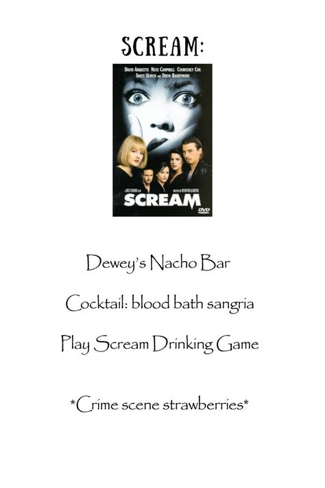 Scream Themed Dinner, Halloween Movie Dinner Theme Night, Movie Dinner Theme Night, Movie Dinner, Nacho Bar, David Arquette, Disney Dinner, Halloween Movie Night, Dinner And A Movie