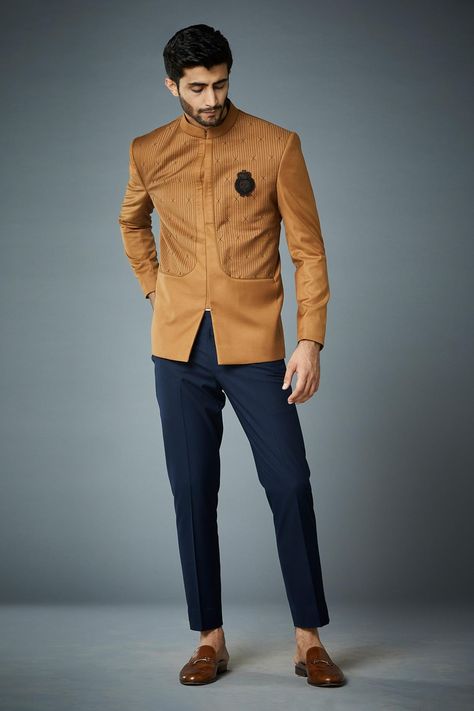 Mens Bandhgala, Open Jodhpuri, Jodhpuri Coat Pant, Embroidered Shirt Outfit, Cocktail Dress For Men, Indowestern Outfits For Men, Mustard Suit, Embroidered Bandhgala, Bandhgala For Men