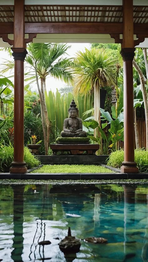 Jungle House Design, Bali Garden Ideas, Jungle Backyard, Backyard Landscape Design, Bali Yoga Retreat, Bali Garden, Balinese Garden, Jungle House, Tropical Garden Design