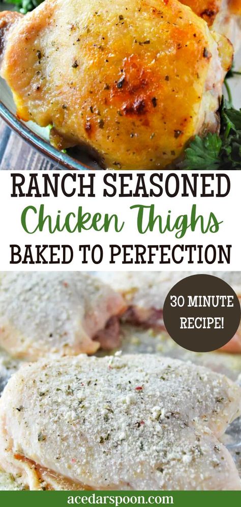 These oven baked ranch chicken thighs are a quick and easy weeknight meal that your whole family will love. With just a few simple ingredients, this dish is sure to become a regular on your dinner rotation. So put down the take-out menu and give these chicken thighs a try tonight! Chicken Thigh Quick Recipe, Ranch Seasoning Baked Chicken, Cooked Chicken Thigh Recipes, Chicken Leg Thigh Recipes Oven, Boneless Skinless Chicken Thigh Recipes Ranch Seasoning, Weight Watcher Chicken Thigh Recipes, Optavia Chicken Thigh Recipe, Ranch Chicken Legs In The Oven, Healthy Boneless Chicken Thigh Recipes Oven Baked