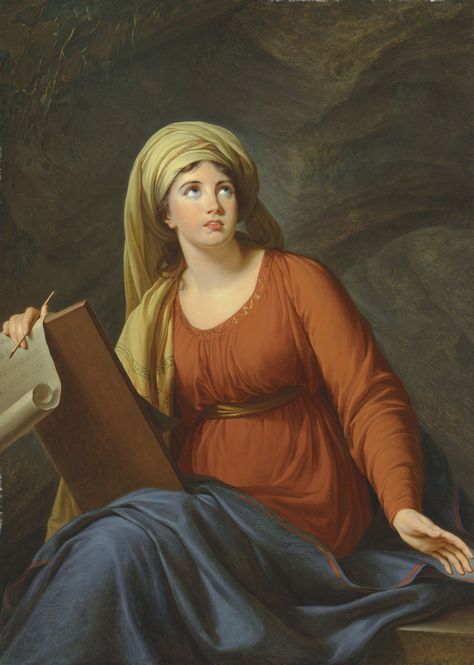 Elisabeth-Louise Vigée Le Brun  (Paris 1755-1842).  Portrait of Emma Hart, later Lady Hamilton (1765-1815), as the Cumaen Sibyl.  54 ½ x 39 in / 138.4 x 99 cm.  Probably formerly in the collection of Timoléon de Cossé-Brissac, Duc de Brissac (1775-1848). Lady Hamilton, Greek Costume, Maria Theresa, History Painting, Classic Paintings, Famous Women, Marie Antoinette, Female Artists, His Eyes