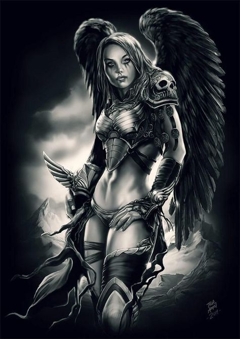 Dark Angel Tattoo, Angel Warrior Tattoo, Female Warrior Tattoo, Valkyrie Tattoo, Archangel Tattoo, Warrior Tattoos, Angel Artwork, Angel Tattoo Designs, Angel Drawing