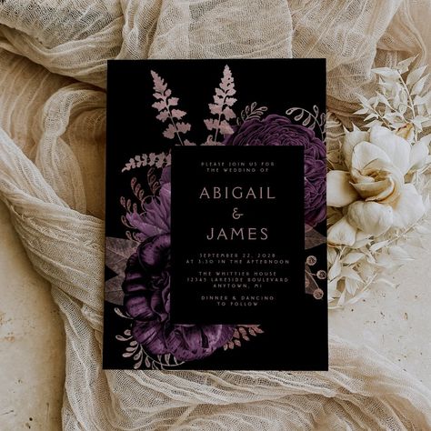 This elegant, moody wedding invitation features a lush, romantic floral bouquet in purple with rose gold faux foil and glitter foliage on a black background. Customize the rose pink text in stylish fonts on a black rectangle. The back of the card is solid black. Black And Purple Wedding, Rose Gold Wedding Invitation, Moody Wedding Invitations, Dark Purple Wedding, Rose Gold Wedding Invitations, Plum Wedding, Purple Wedding Theme, Gold Wedding Invitation, Purple Wedding Invitations