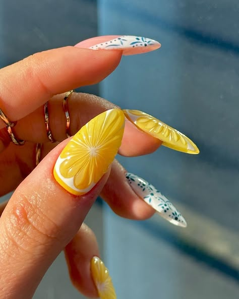 Ellie | lemon with zest Hand painted nails on myself using all @the_gelbottle_inc Daisy, marshmallow, glass yellow, Cambridge blue… | Instagram Limoncello Nails, Amalfi Nails, Daisy Marshmallow, Yellow And Blue Nails, Nails Types, Summertime Nails, Lemon Nails, Hand Painted Nails, Uñas Ideas