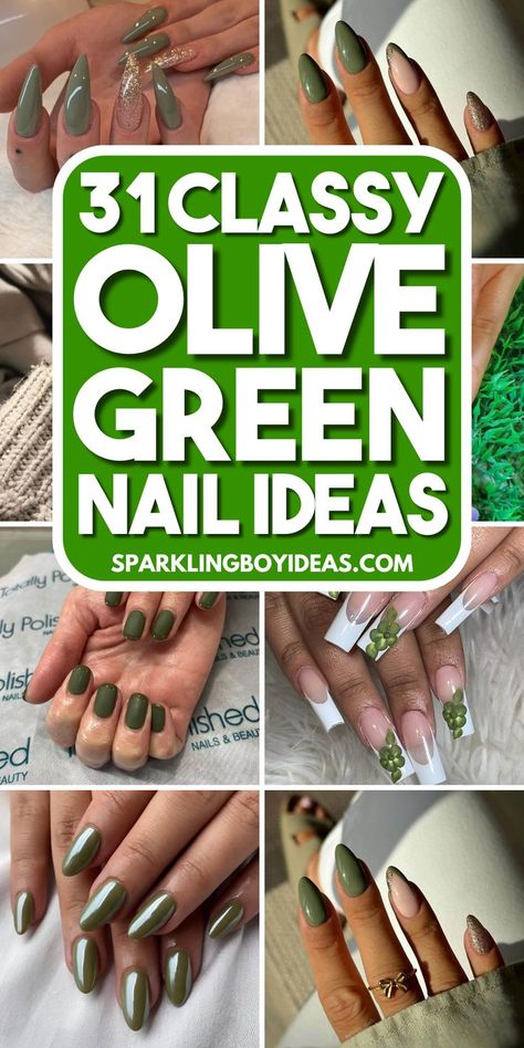 Olive green nails are a chic choice for any season. Whether you prefer matte olive nails, olive French nails, or a trendy green ombre look, we've them all. Pair olive green with glitter accents or try olive green acrylic nails for a bold statement. For a more subtle vibe, consider sage matte nails or khaki green nails. If you're feeling creative, add some plaid green nail designs or a marble effect to your olive green manicure. These versatile green nail ideas are perfect for any occasion! Olive Green Acrylic Nails, Khaki Green Nails, Nails Olive, Olive Green Nails, Green Gel Polish, Matte Green Nails, Green Nail Ideas, Green Manicure, Olive Nails