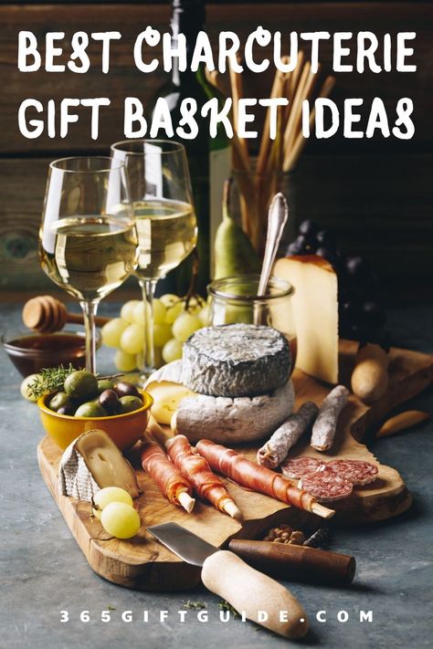 A charcuterie gift basket is a great idea for meat and cheese lovers and foodies. It contains everything for a delightful evening at home. This selection of charcuterie gift baskets is gorgeous and thoughtful. #gifts #giftshop #giftidea #giftideas #gift #charcuterie #giftbasket #charcuteriegiftbasket #charcuteriegiftbasketideas #charcuteriebox Christmas Charcuterie Gift Basket, Charcuterie Board Gift Accessories, Gift Basket Charcuterie Board, Gift Basket Ideas Charcuterie, Charcuterie Themed Gift Basket, Gifting A Charcuterie Board, Cheese Board Gift Basket Diy, Appetizer Gift Basket Ideas, Dinner In A Basket Gift