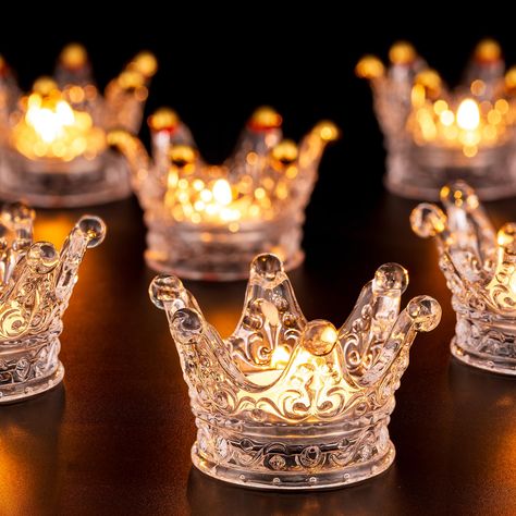 PRICES MAY VARY. Elegant Crown Candle Holders: The crown conveys a sense of beauty and elegance, and this glass candle holder is inspired by the patterns and shapes of the crown. Measuring 2.2"D (Bottom) x 2"H, this tea light holder might be small but they definitely make their own statement. They are pretty lit even without light, adding such a luxurious and unique aesthetic touch to tablescape. Well Graft Decorative Candle Holder: Each Glasseam tea candle holder presents the fine workmanship o Tea Lights Centerpieces, Crown Candle Holder, Glass Tealight Candle Holders, Candle Stick Decor, Electronic Candles, Crown Crystal, Small Candle Holders, Candleholder Centerpieces, Crystal Candlesticks