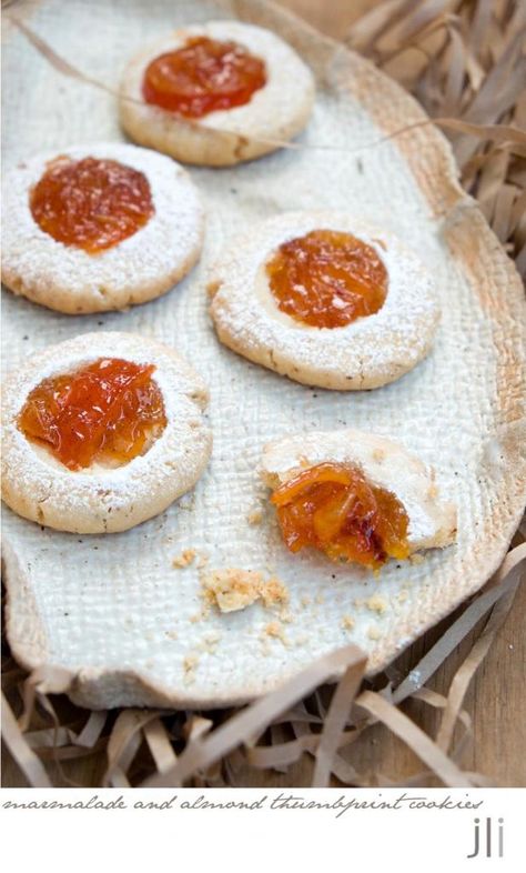 Blood Orange Marmalade and Almond Thumbprint Cookies / DELICIOUS BITES Blood Orange Marmalade, Almond Thumbprint Cookies, Vegan Holiday Cookies, Thumbprint Cookie, Orange Jam, Vegan Holiday, Kitchen Bench, Orange Marmalade, Vegan Holidays