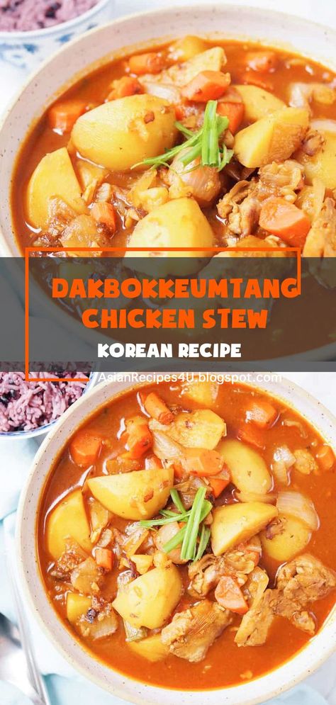 Dakbokkeumtang Korean Chicken Stew. This is a delicious hearty and mild version of Korean Spicy Chicken Stew! It's a wonderful comforting dish perfect for dinner and leftovers for lunch! #Korean #Recipes #Chicken Lunch Korean, Korean Chicken Stew, Spicy Chicken Stew, Korean Spicy Chicken, Cooking Onions, Korean Chicken, Korean Recipes, Braised Chicken, Chicken Stew