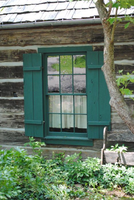 Cabin Shutters, Exterior Cabin, Tiny Log Cabins, Shutter Design, Green Roof House, Log Cabin Exterior, Exterior Paint Schemes, Cabin Windows, Cabin Plan