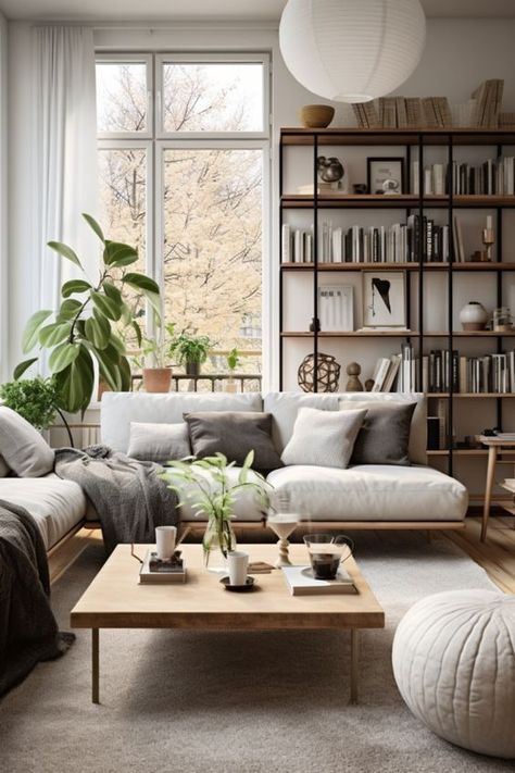 Modern Nordic House Interiors, Nordic Style Apartment, Japandi Shelving, Japandi Essentials, Scandinavian Living Room Nordic Style Interior Design, Danish Style Living Room, Plants Japandi, Nordic Minimalism Decor, Japandi Studio