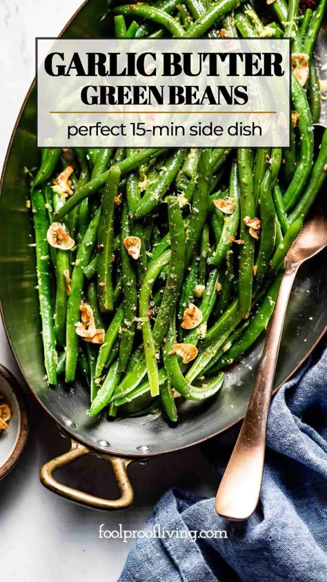 This Garlic Butter Green Beans recipe is made with 4 ingredients in 15 minutes. It is the perfect side dish for Thanksgiving or weeknight table. Garlic Butter Green Beans, Butter Green Beans, Easy Green Bean Recipes, Garlic Green Bean Recipes, Side Dish For Thanksgiving, Blanching Green Beans, Green Beans Recipe, Cooking Green Beans, Thanksgiving Dinner Recipes