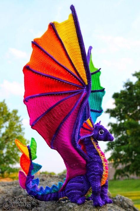 Crafty Intentions — Rainbow Pride Dragon Crochet Dragons, Crochet Critters, Crochet Dragon Pattern, Dragon Stuff, Amigurumi Minta, Crochet Dinosaur, Yarn Craft, Crochet Dragon, Dragon Wings